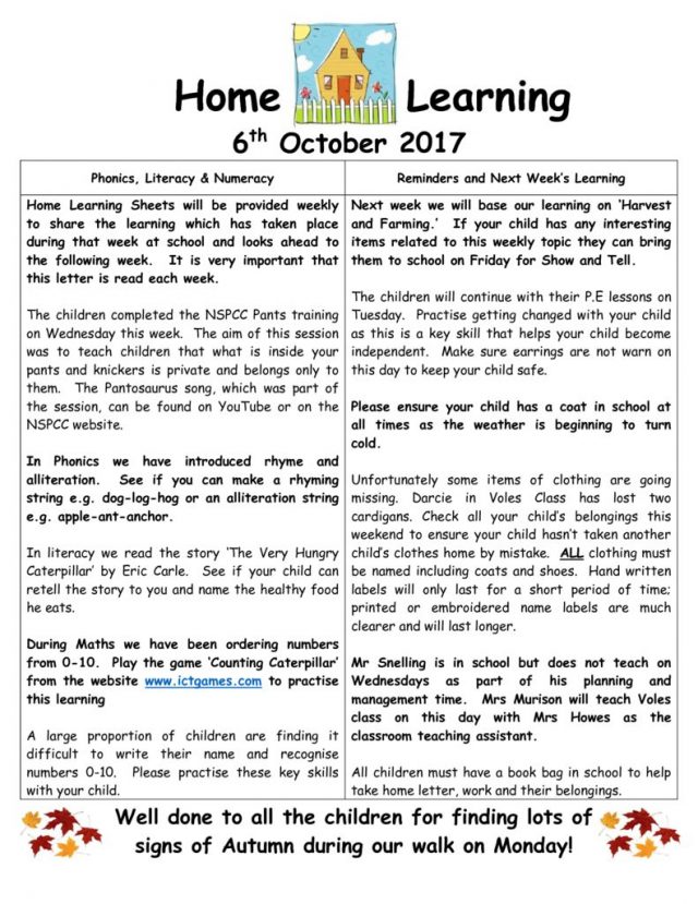 thumbnail of Home Learning 6 10 2017